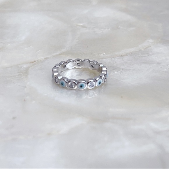 Silver Plated White Blue CZ Evil Eye Eternity Ring - Picture 3 of 7